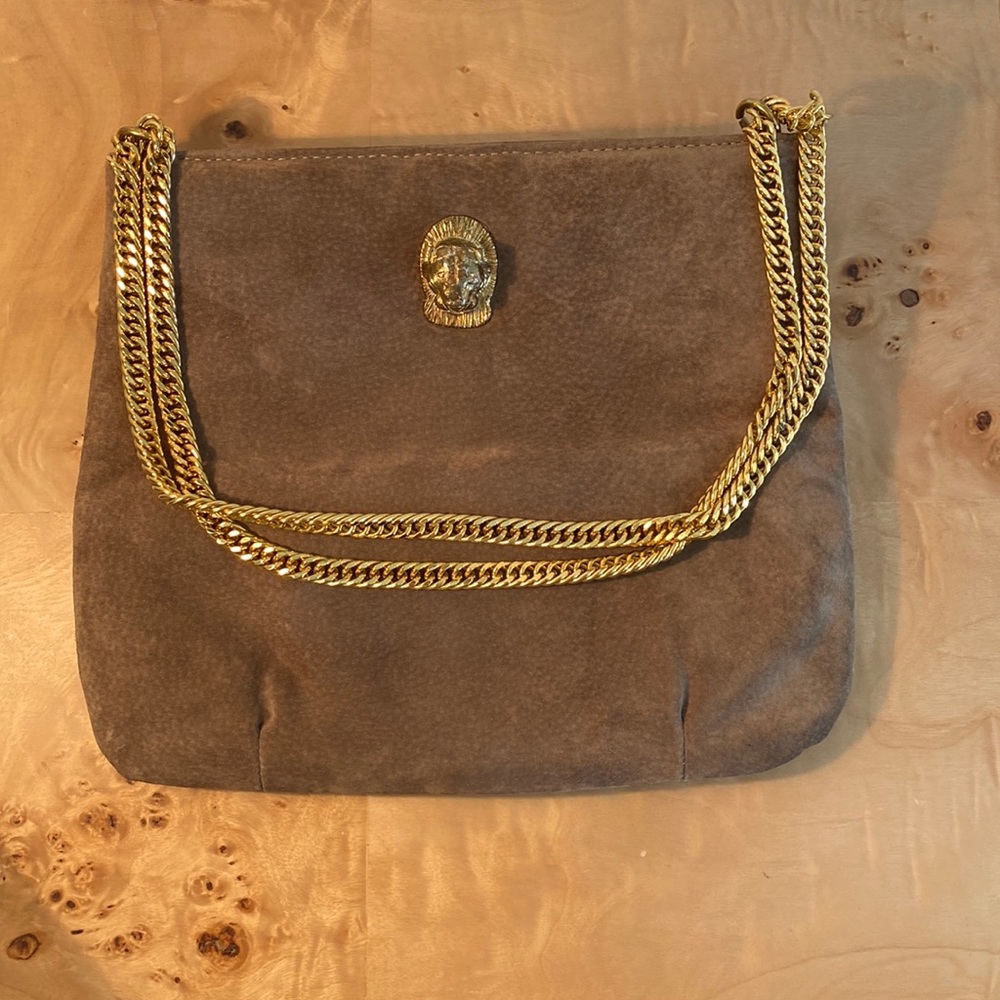 Ruth Saltz Brass Lion Head Brown Suede Purse with Gold Chain